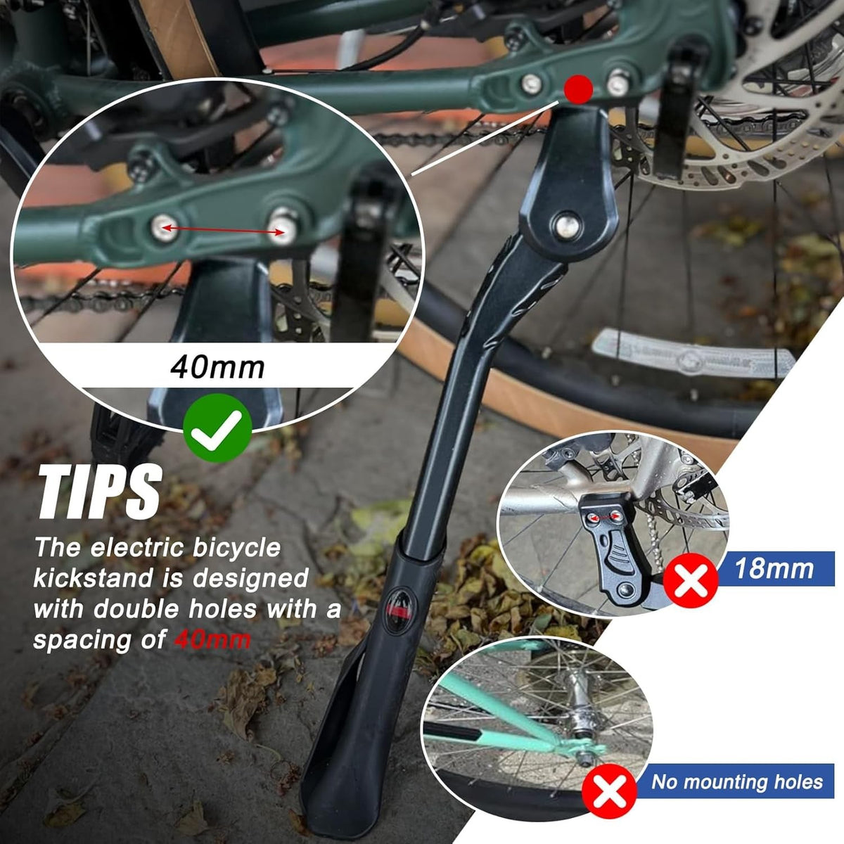 Adjustable Bike Kickstand for 24-29 Inch Mountain & E-Bikes with Double Holes
