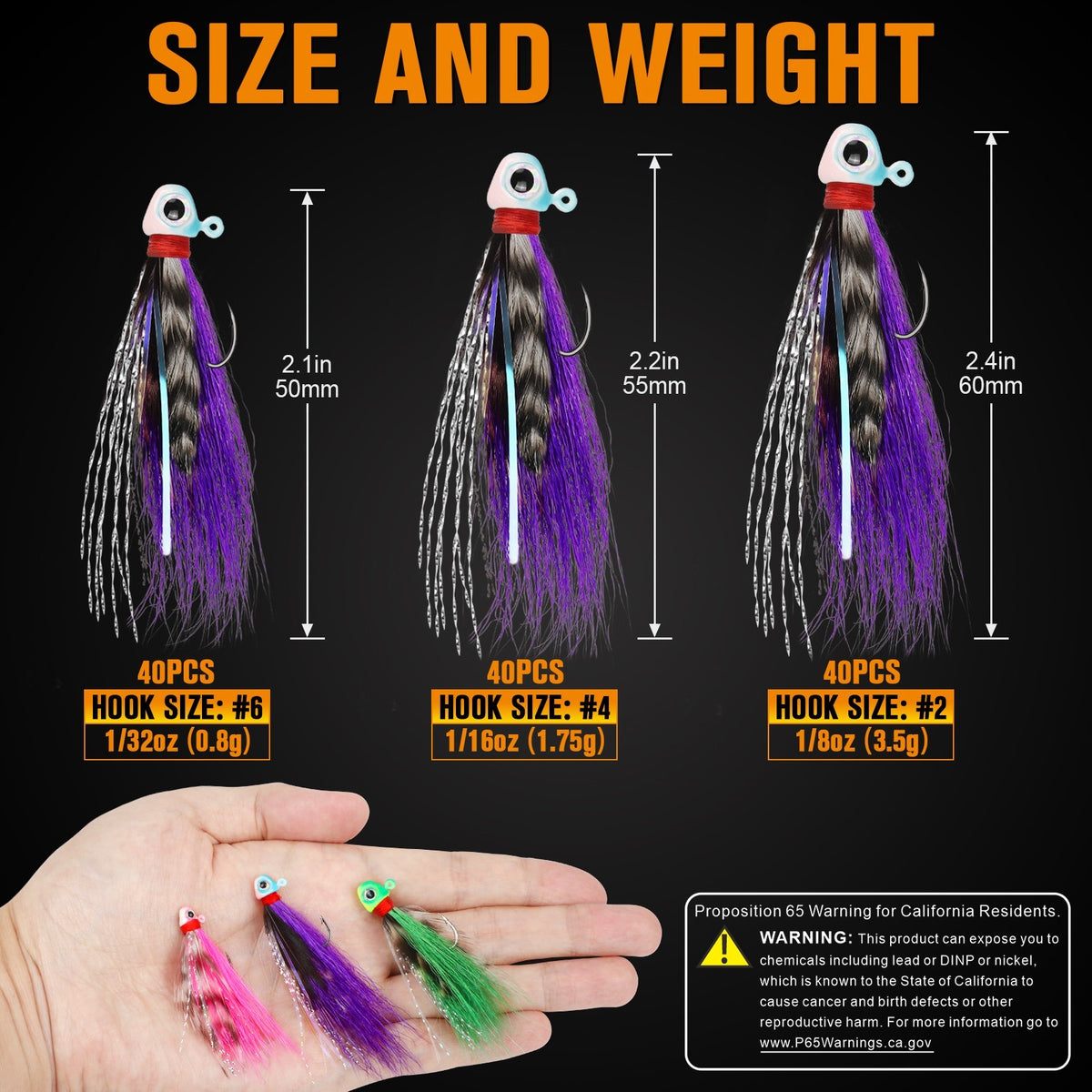 40PCS Fishing Jigs Kit - Hand-Tied Crappie Bucktail Hair Lures with 3D Eyes and V-Style Hooks