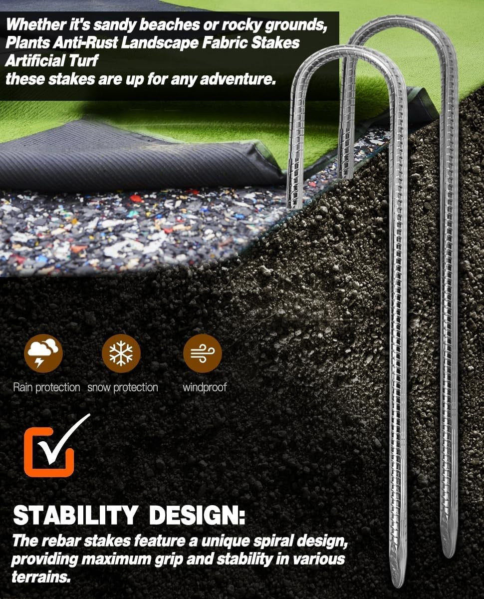 Heavy Duty Rebar Stakes 12 Inch Ground Tent Stakes with Hook - Galvanized Steel