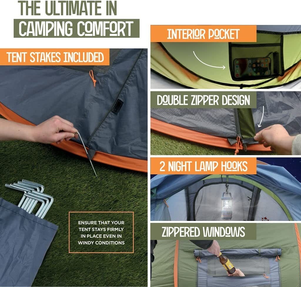 4-Person Pop-Up Camping Tent Waterproof UPF50+ Easy Setup with 2 Doors