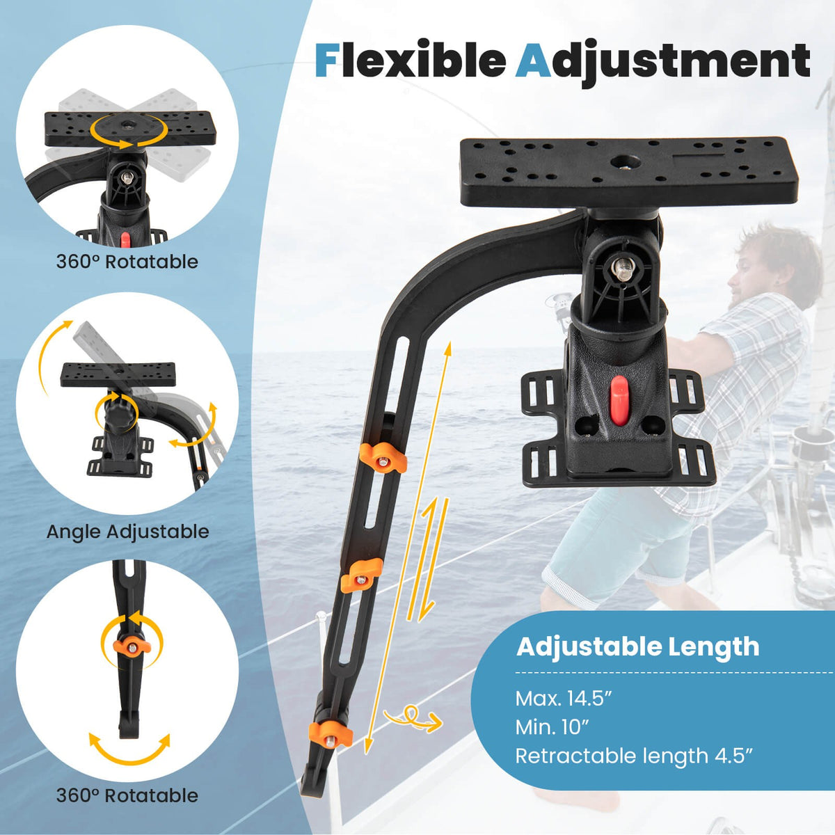 Fishing Boat Accessory Set with 360° Rotatable Fish Finder Mount & Rod Storage