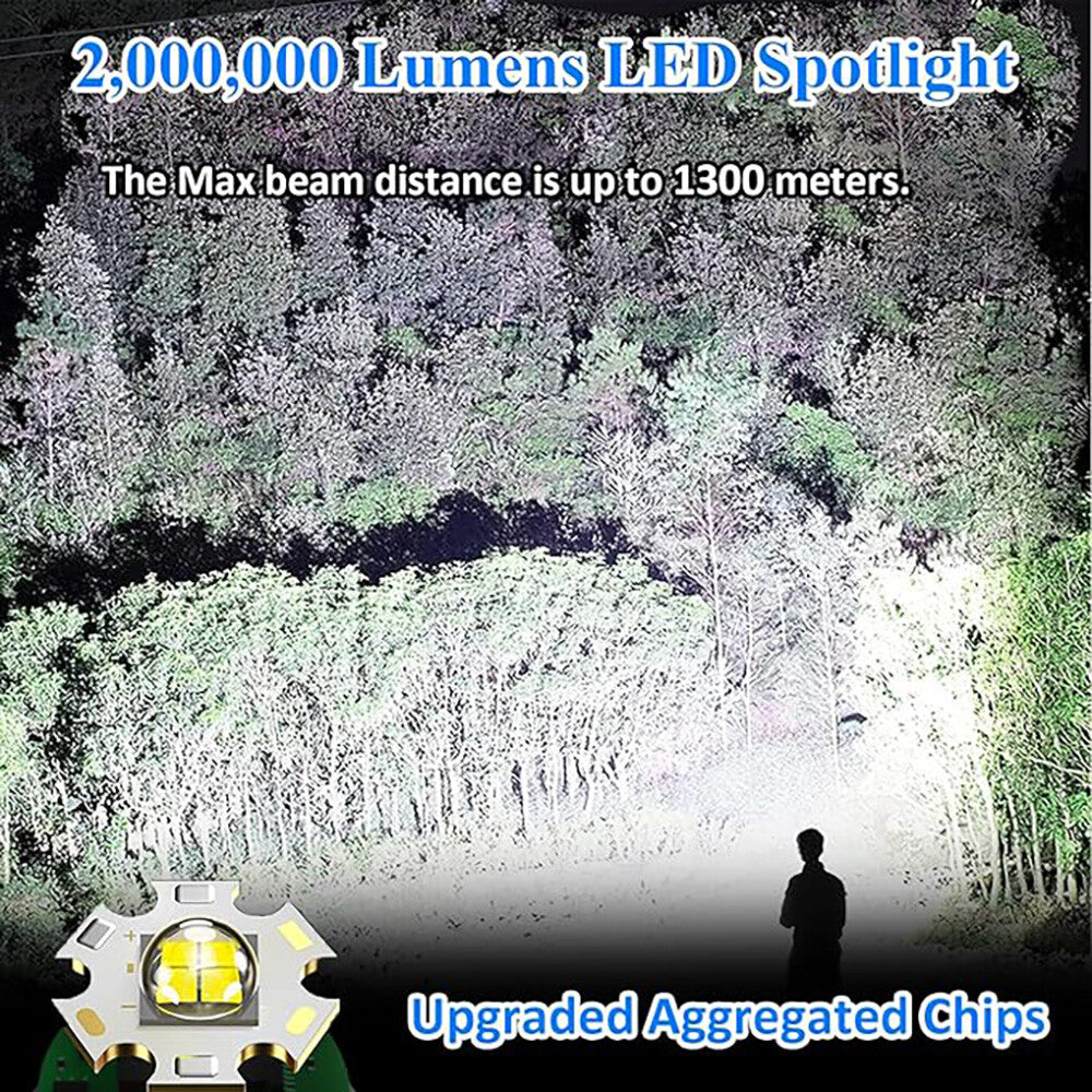 Super Bright LED Searchlight Rechargeable Spotlight with Tripod Waterproof 2,000,000 Lumens