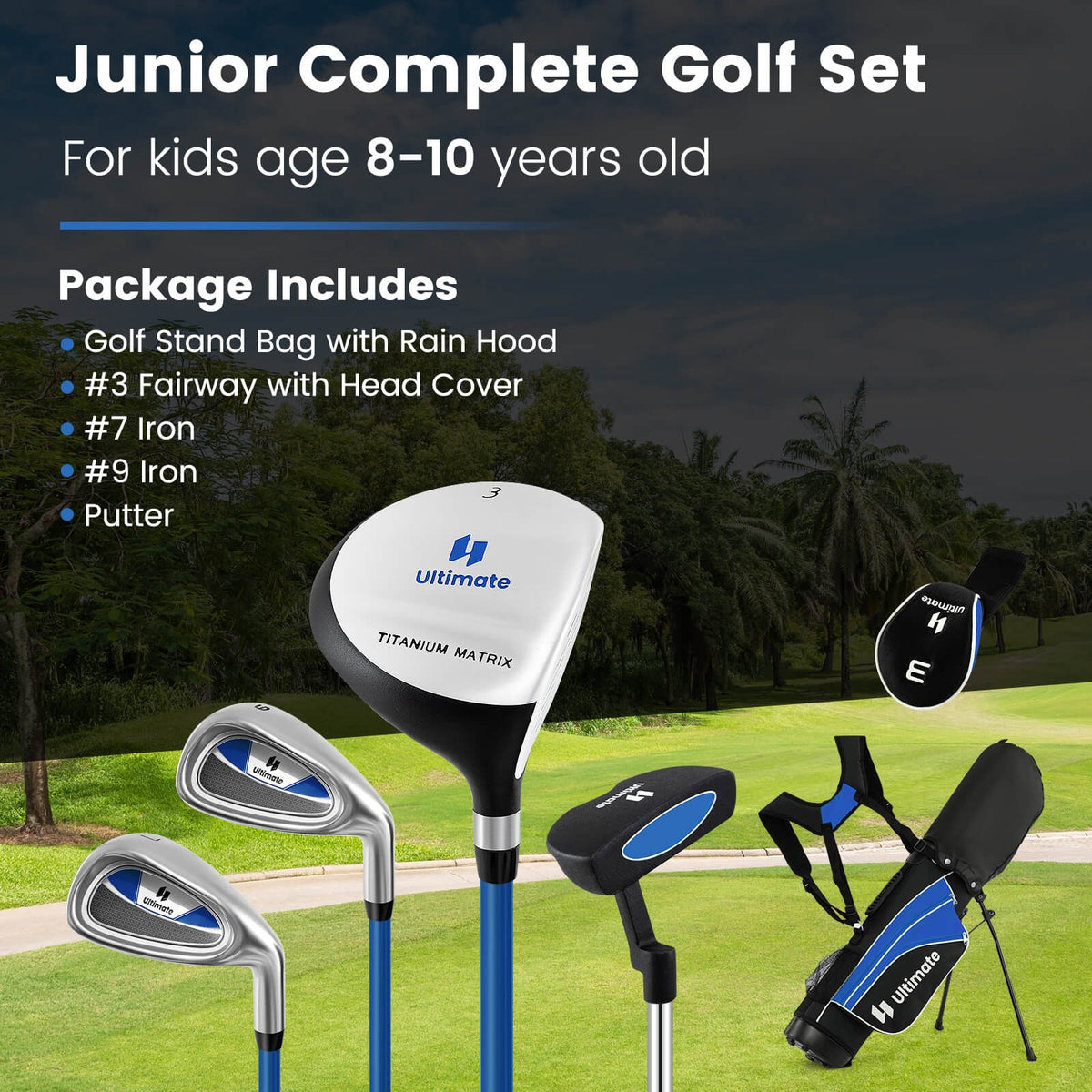 Junior Golf Club Set for Kids Age 8+ - 5-Piece Complete Golf Kit in Blue