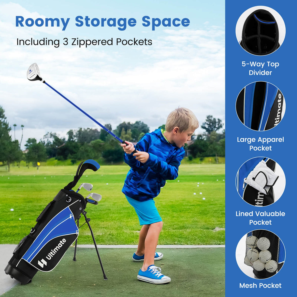 Junior Golf Club Set for Kids Age 8+ - 5-Piece Complete Golf Kit in Blue