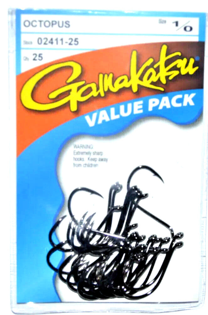 Gamakatsu Octopus Hooks Size 1/0 - 25 Pack Fishing Hooks Black