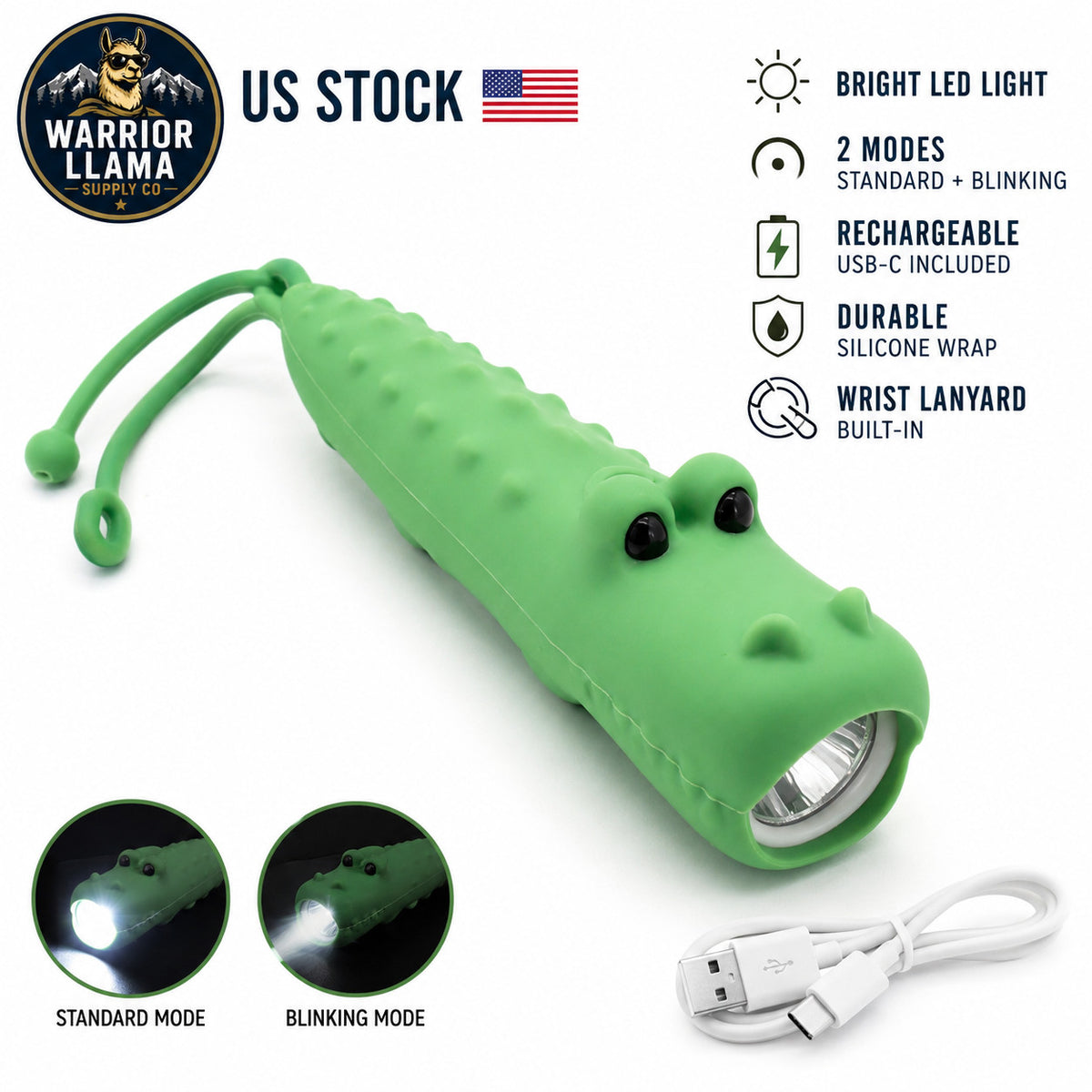 Kids Silicone Crocodile Flashlight Rechargeable USB-C Camping Light