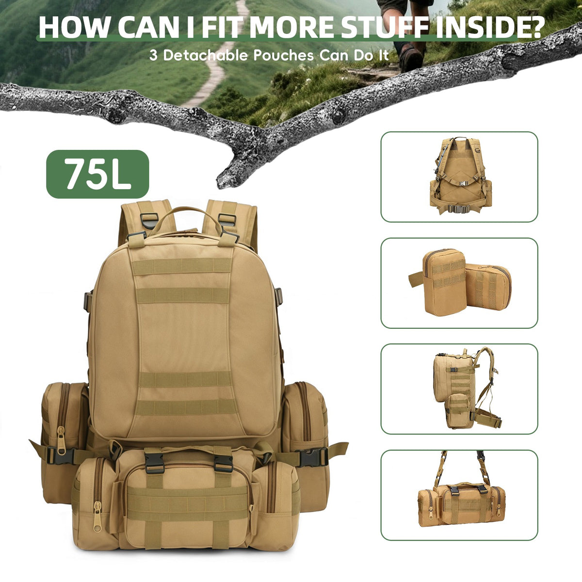 75L Waterproof Military Tactical Backpack for Camping Hiking Men