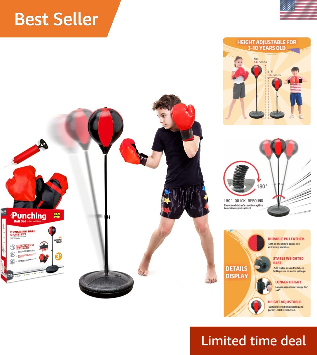 Kids Adjustable Punching Bag with Gloves - Durable Boxing Toy for Ages 3-12