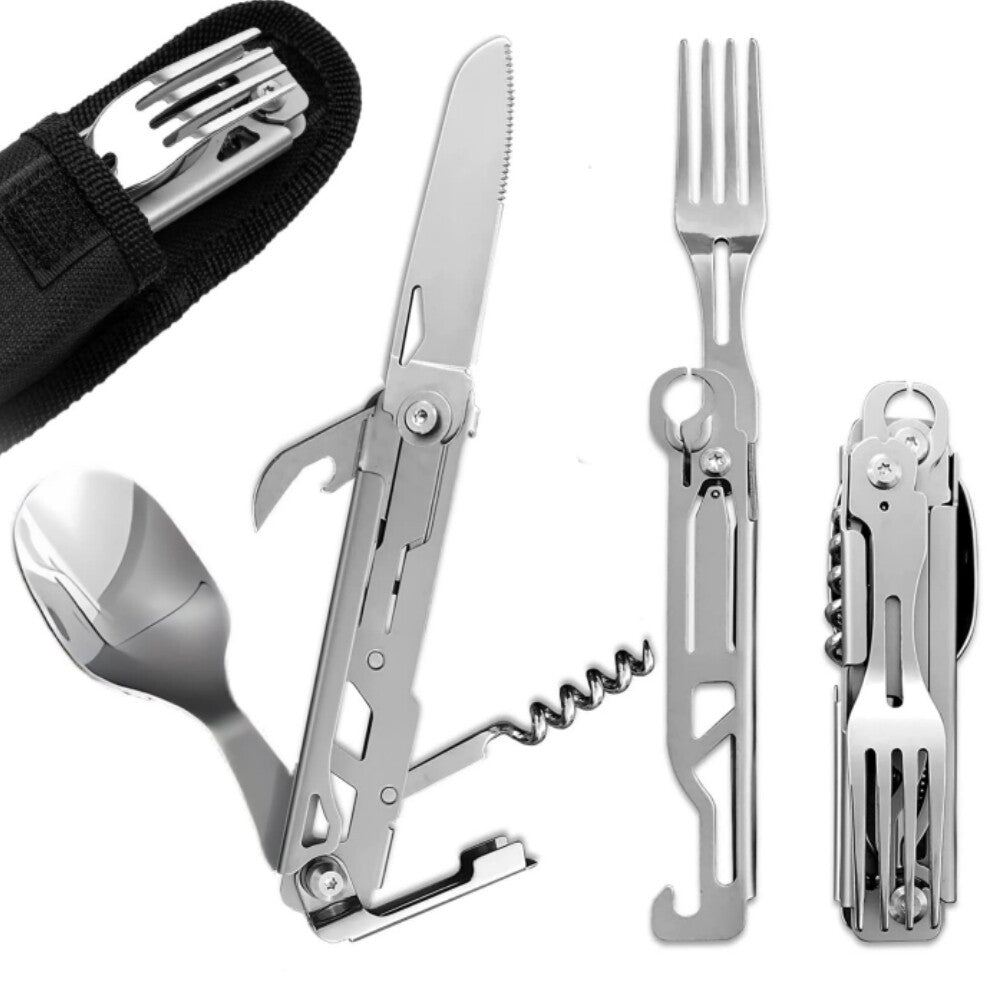 Stainless Steel Camping Utensil Set Folding Knife Fork Spoon with Pouch