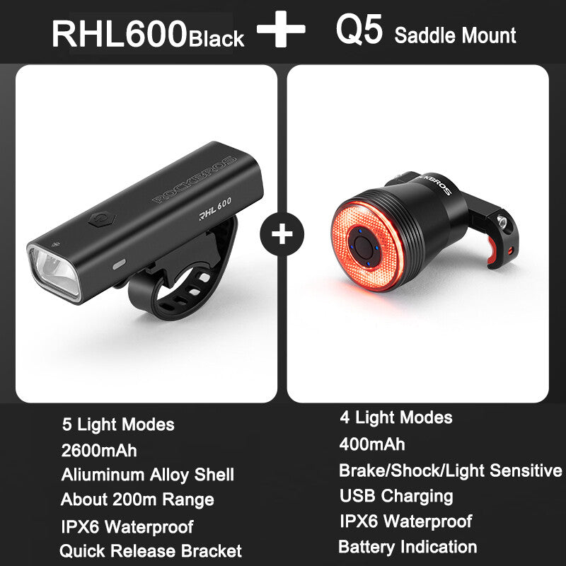 High Brightness Bike Front & Rear Light Set USB-C LED Headlight 1500LM