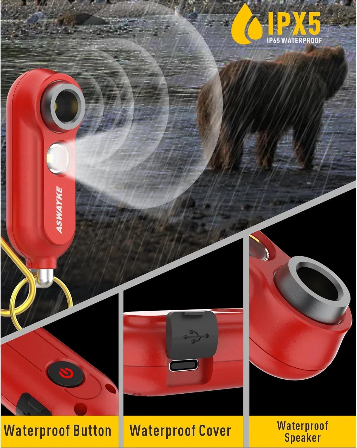 Rechargeable 125dB Waterproof Bear Horn with LED Flashlight & USB-C Charging