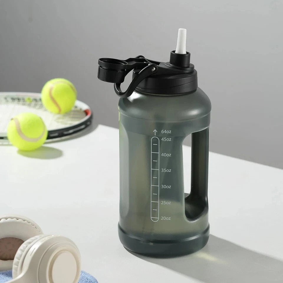 Reusable Water Bottle 64oz with Straw - Pack of 2, Black, Plastic