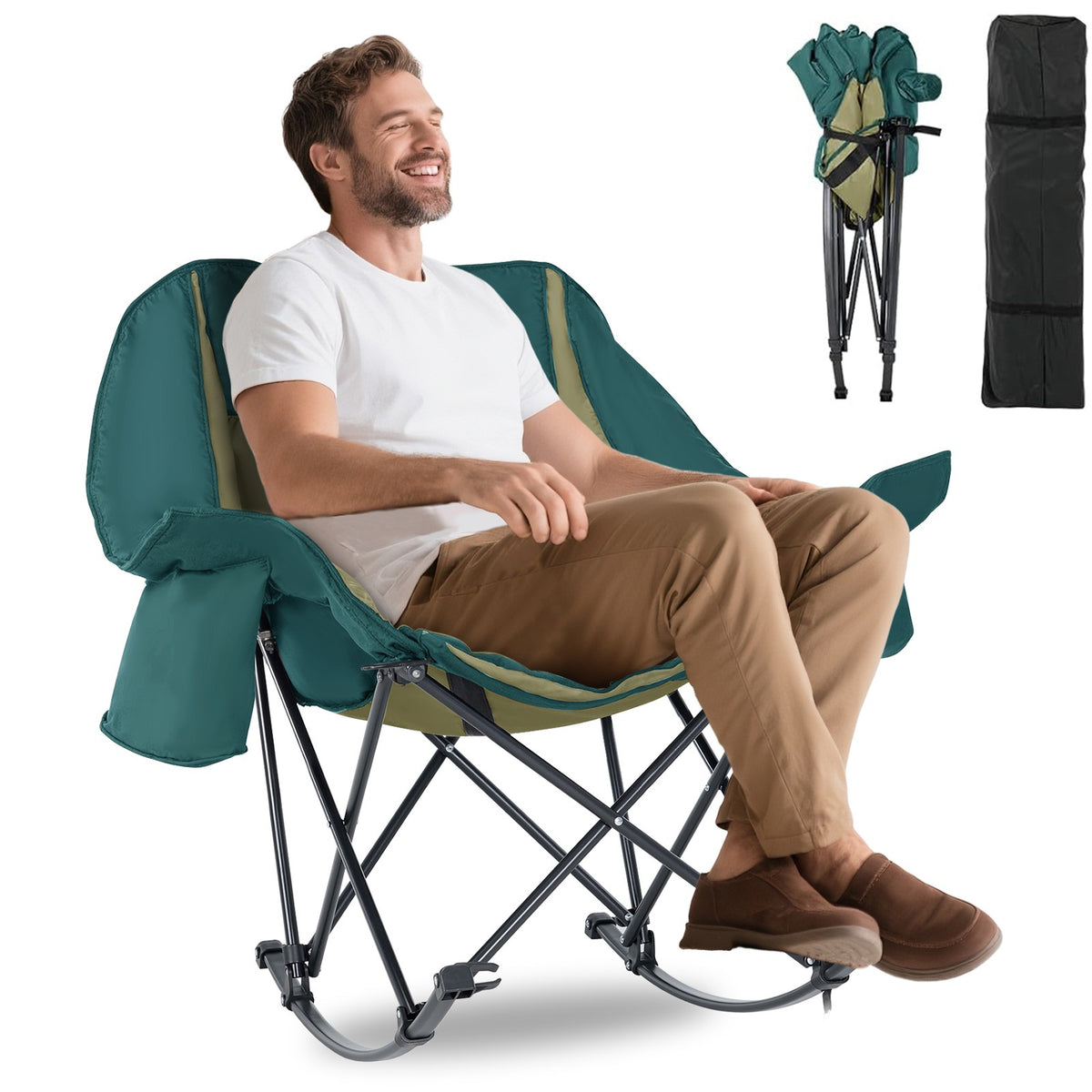 Oversized Folding Rocking Camping Chair with Cooler Bag and Side Pocket