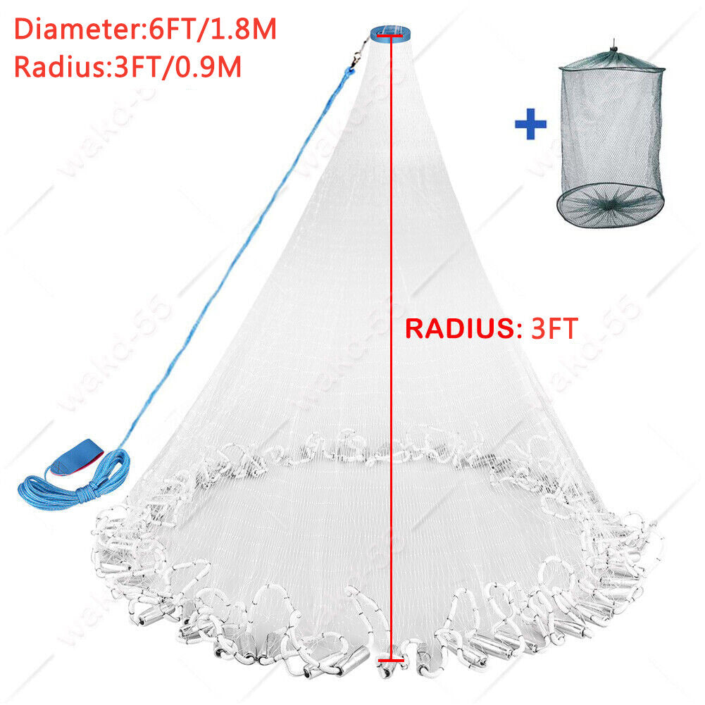 Heavy Duty Fishing Cast Net 6-16FT for Bait & Catching Fish - Durable Nylon Mesh