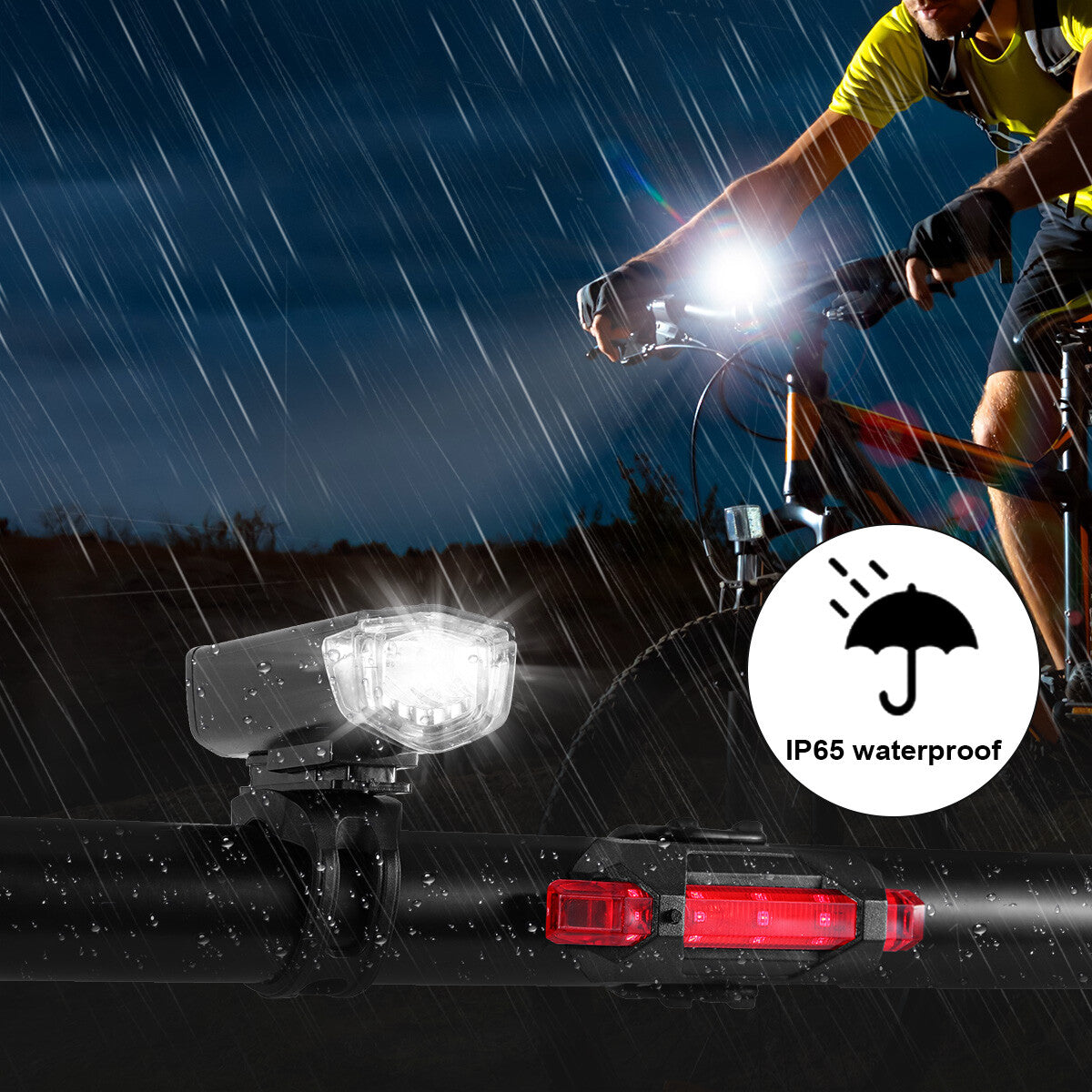 USB Rechargeable Bicycle Front and Rear LED Headlight Set - Waterproof Cycling Lights