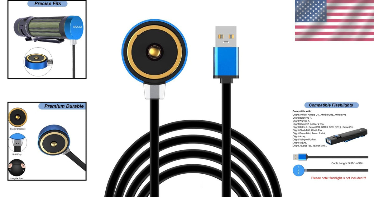 High-Speed USB Charging Cable 3.3ft for Olight Flashlights Copper Aluminum