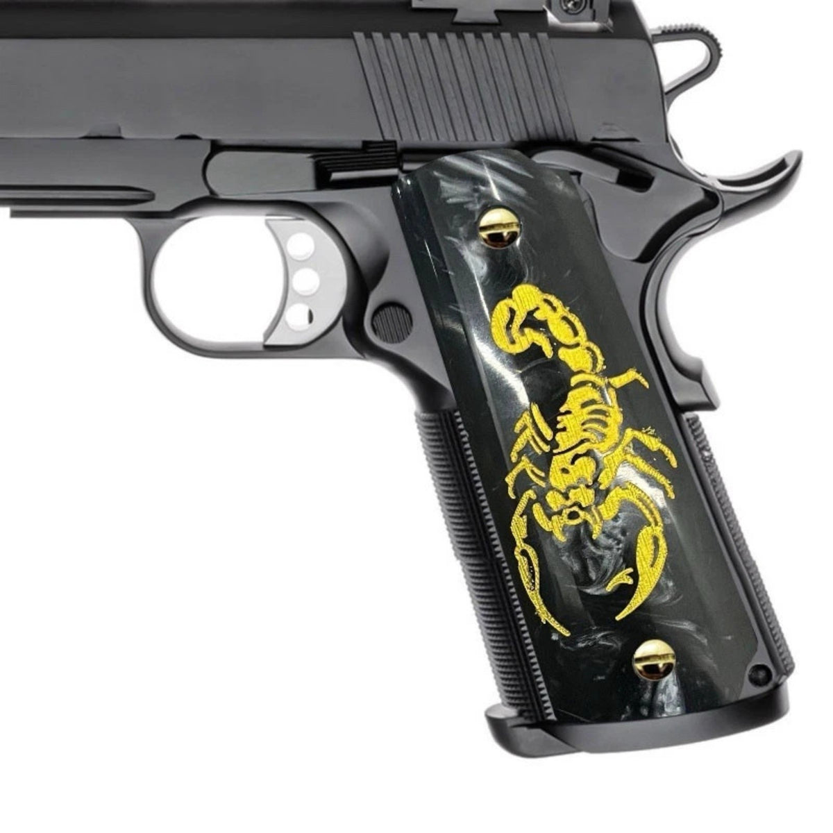 1911 Full Size Black Pearl Acrylic Gold Scorpion Grip Set with Gold Screws