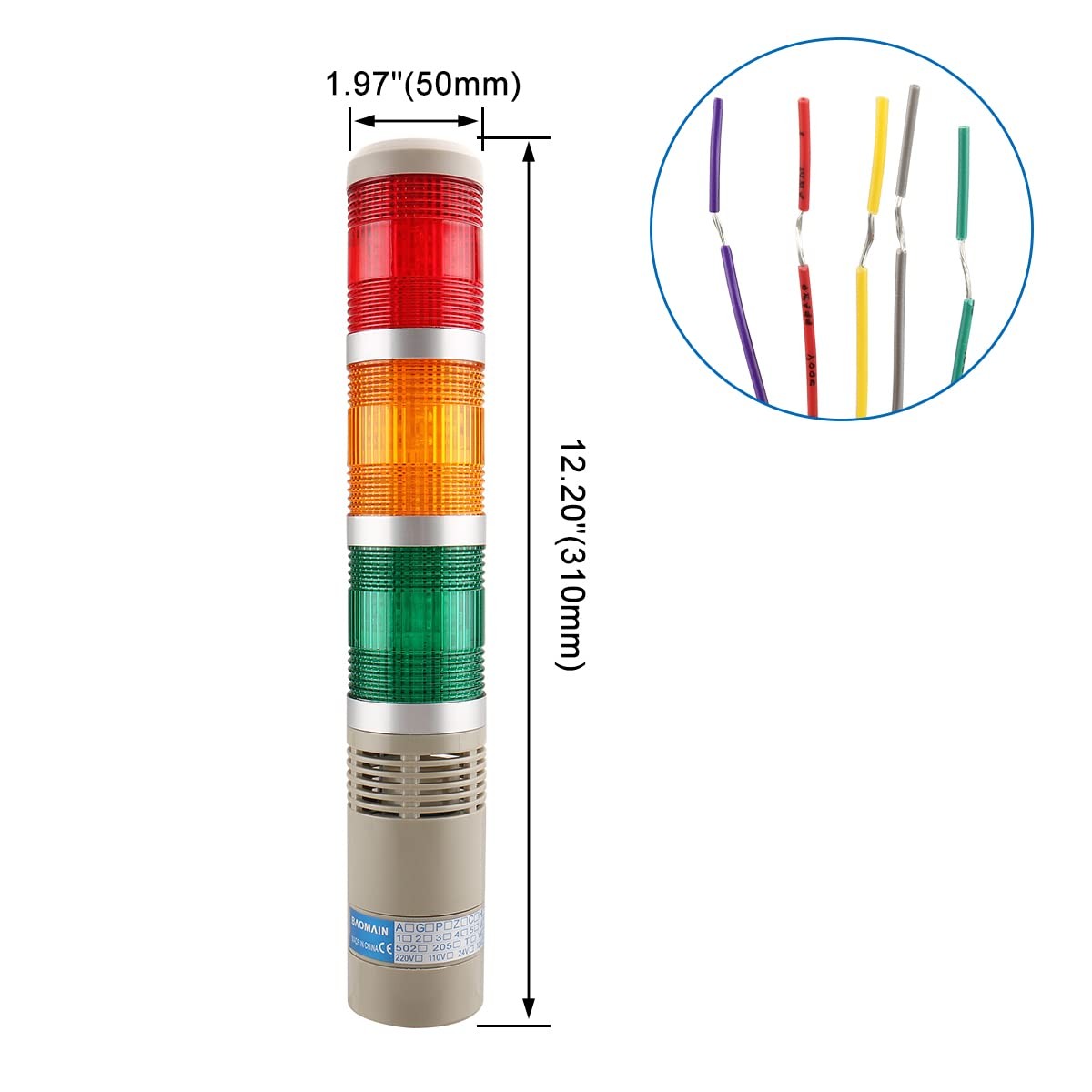 24V DC Industrial Signal Tower Light with Buzzer, Red Yellow Green LED