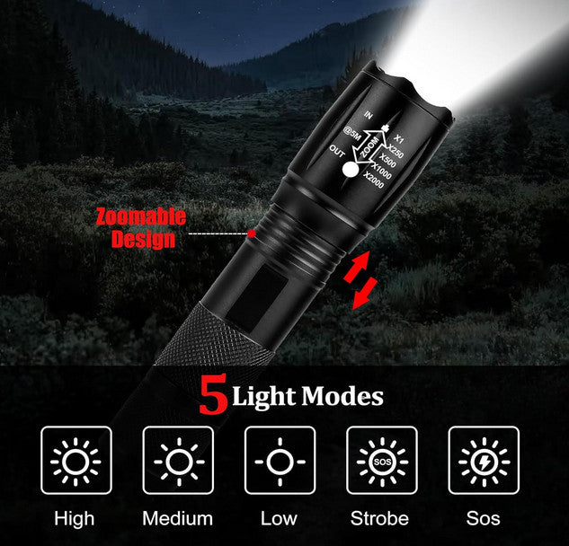 High Lumens LED Flashlight Pack with 5 Modes & Zoomable Beam