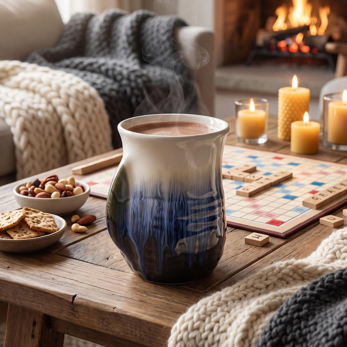 Ceramic Hand Warmer Mug with Hand-Painted Ocean Blue Finish - Contoured Pocket for Warmth