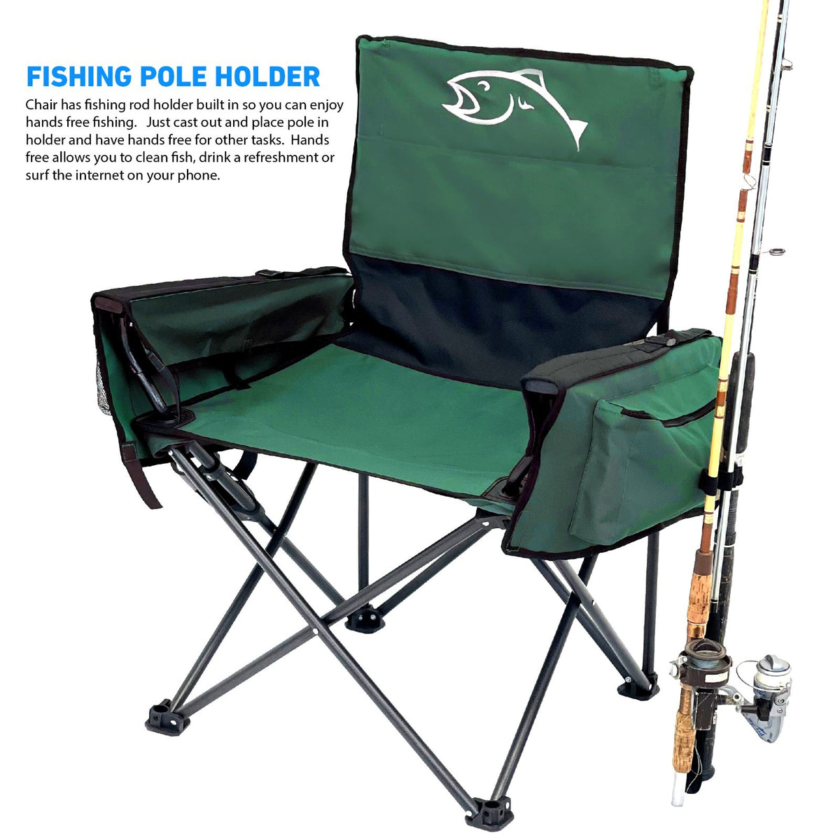 Portable Folding Fishing Chair with Rod Holder, Cooler & Ruler