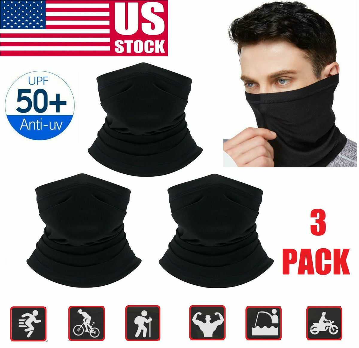 Pack of Multi-Functional Windproof Neck Gaiter Face Masks - Black & Gray