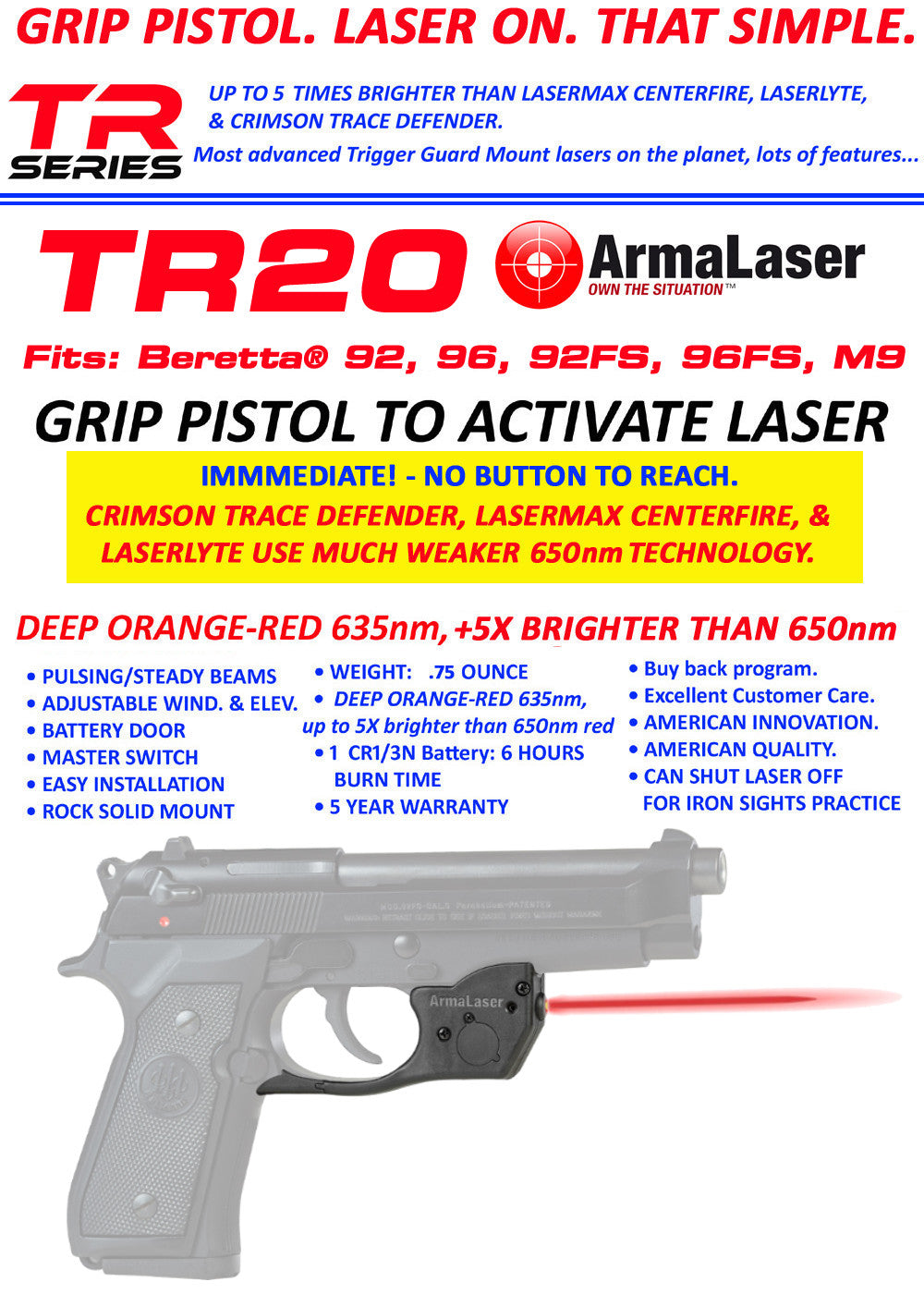 for Beretta 92 96 M9 M92 with True Touch Activation - Red Laser
