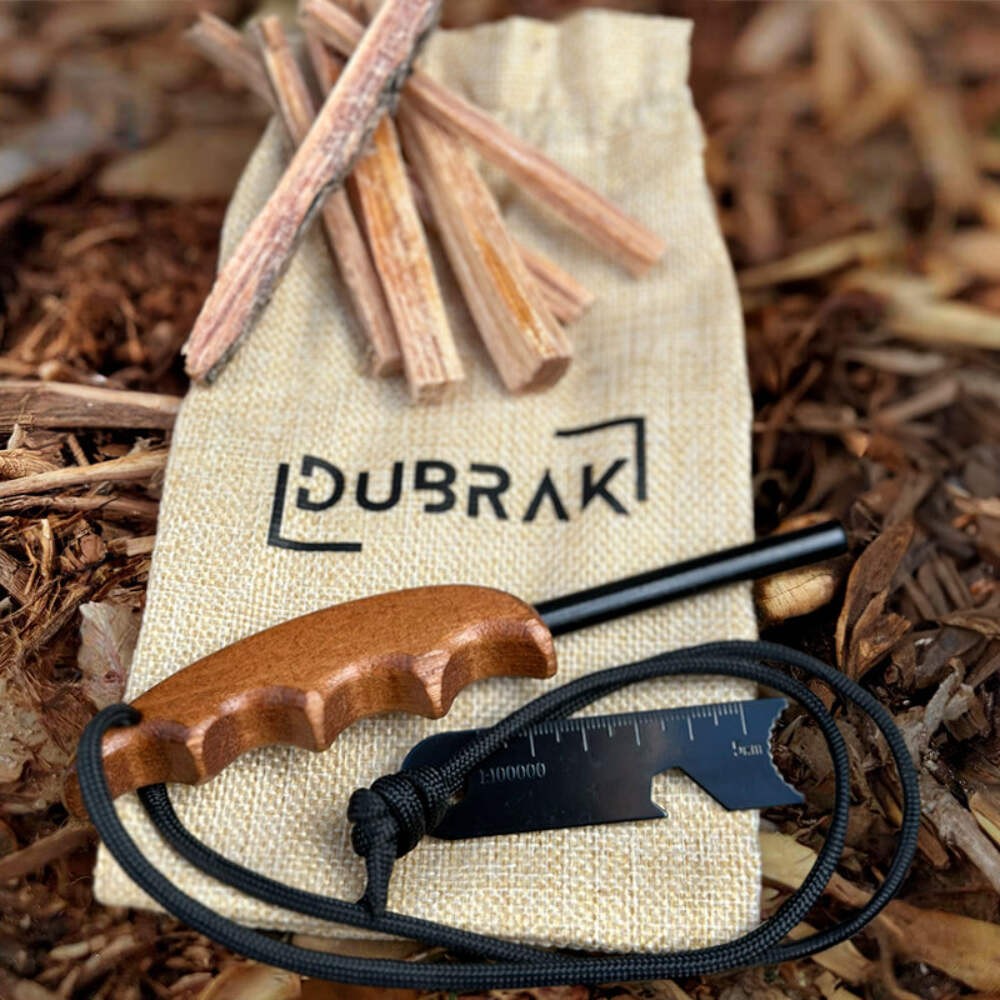 Ferro Rod Fire Starter Kit with Wooden Handle, Fatwood & Burlap Bag