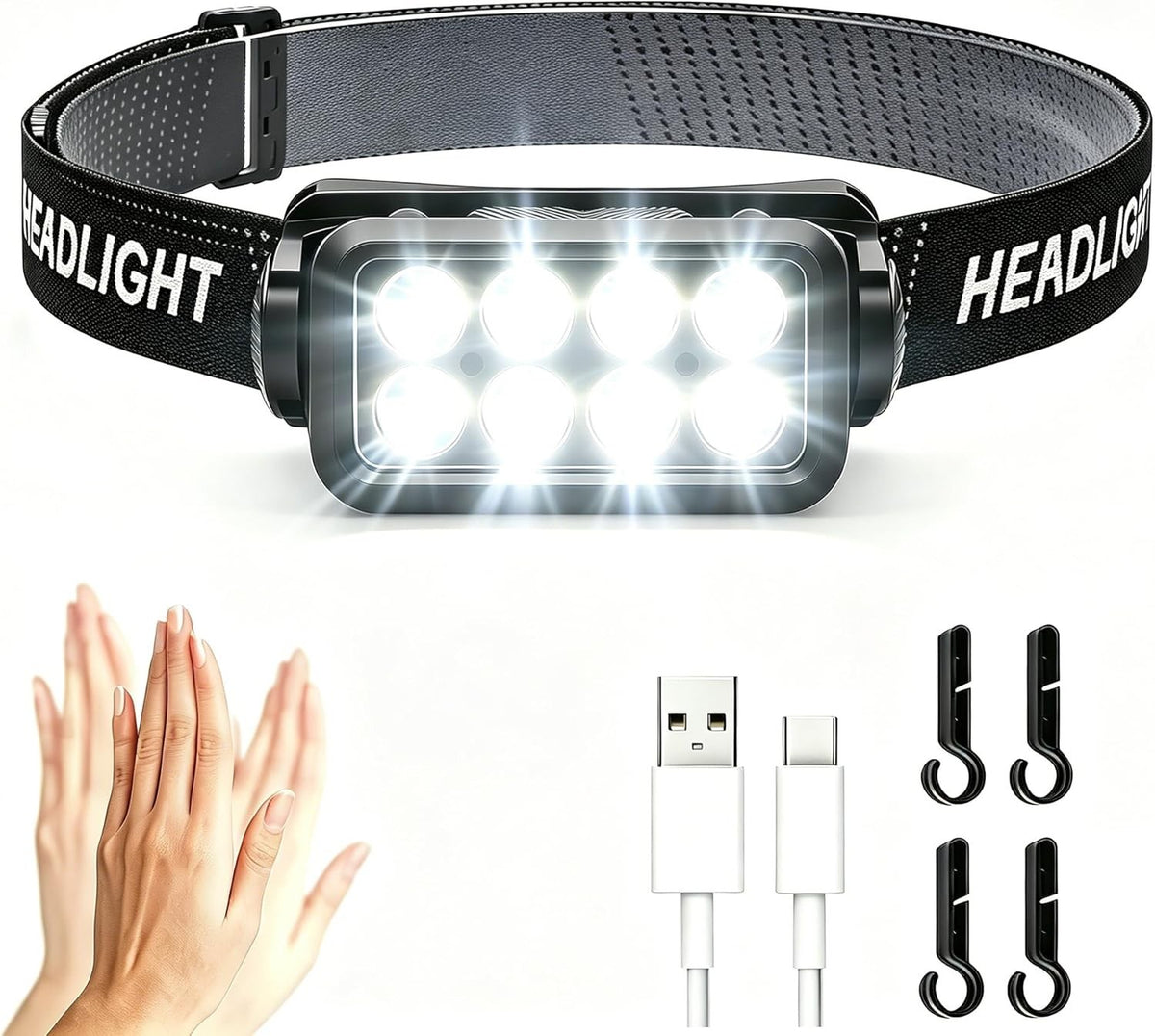 Rechargeable Motion Sensor Headlamp with 5 Lighting Modes, USB-C Head Torch