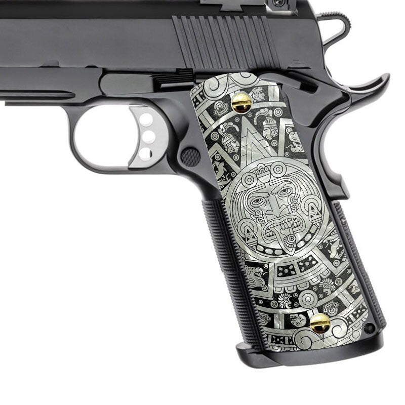 1911 Full Size Gun Grips with Pearl Engraved Aztec Pattern | Custom Fit