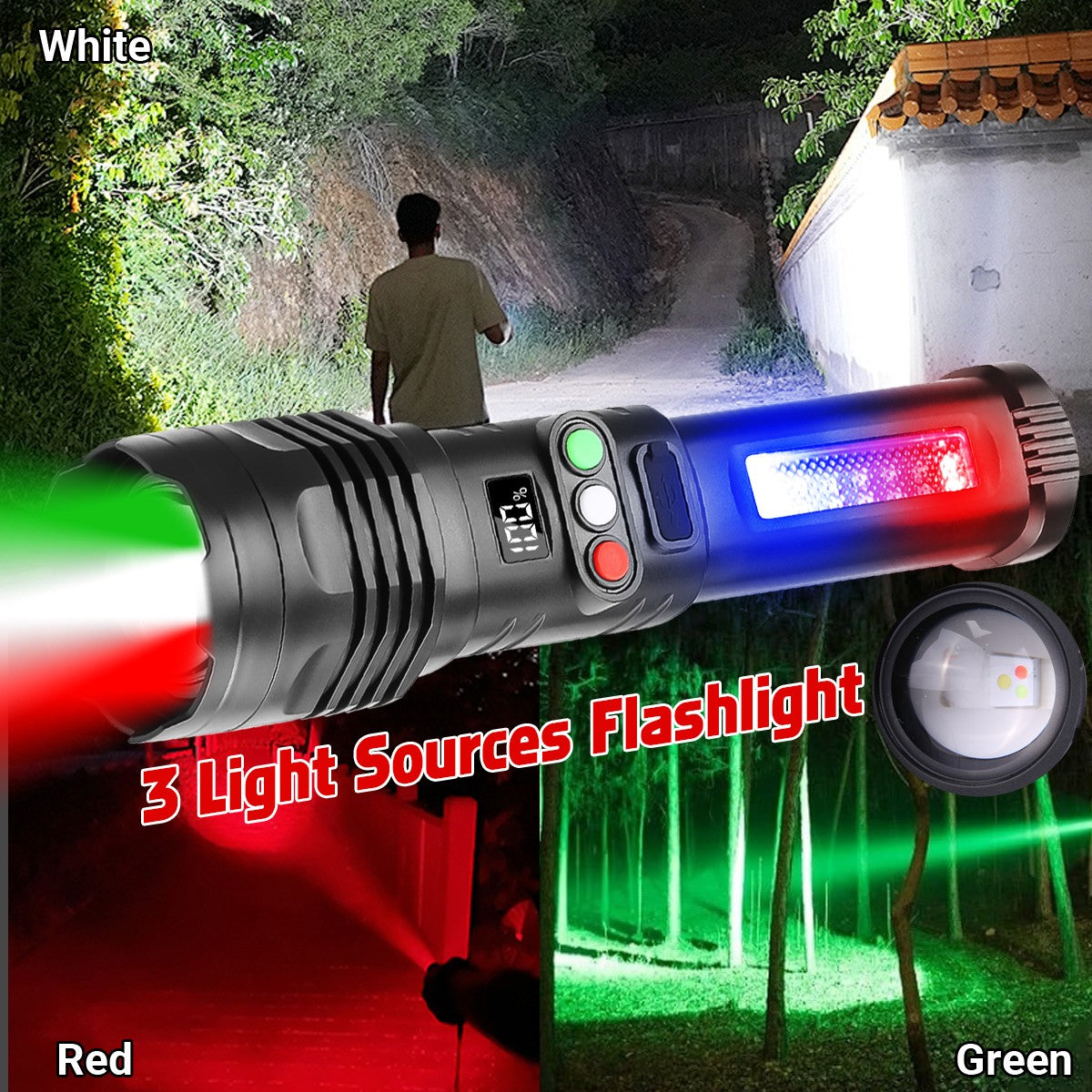 Rechargeable 990000 Lumen LED Tactical Flashlight with 3 Color Modes and COB Work Light