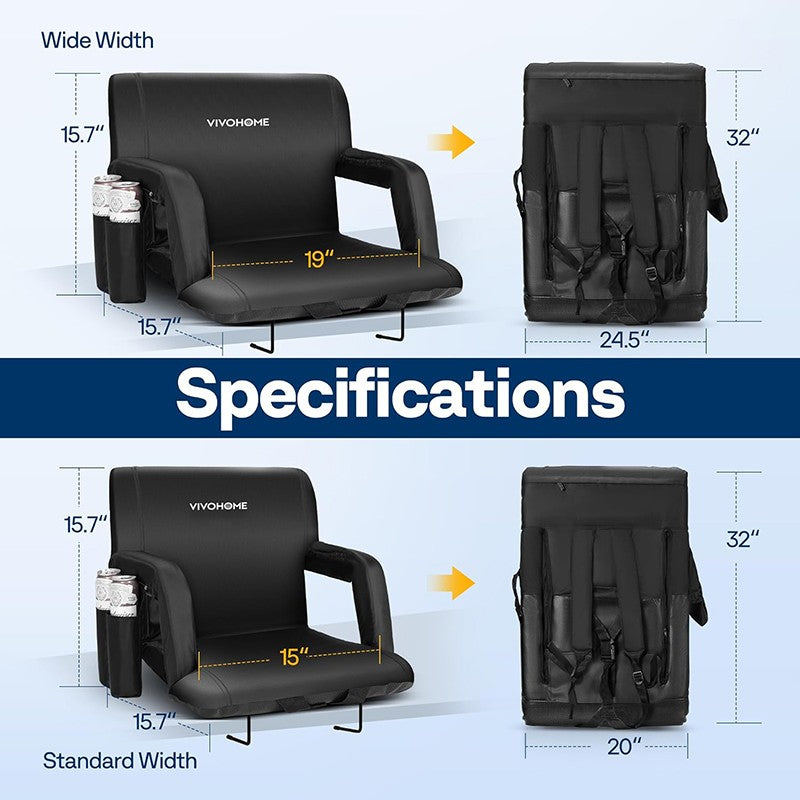 2 Pack Adjustable Reclining Stadium Seats with Back Support & Cup Holders