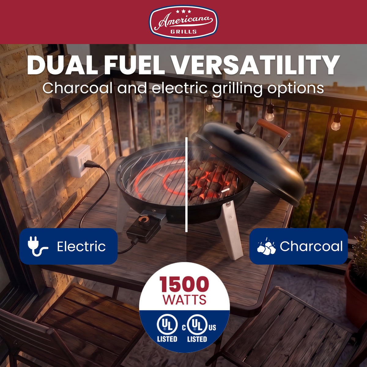 Portable Dual-Fuel Electric & Charcoal BBQ Grill - Americana Wherever