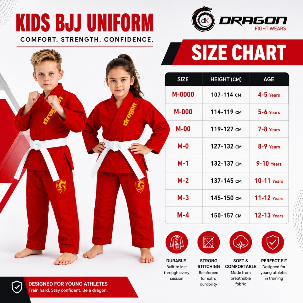 Kids Brazilian Jiu-Jitsu Gi Uniform Set with Belt & Bag - Red