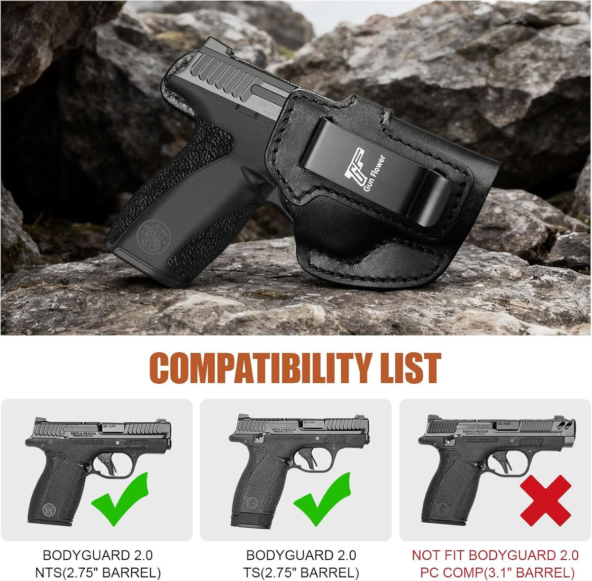 Concealed Carry Leather Holster for S&W Bodyguard 2.0, Optic Cut, Right Hand