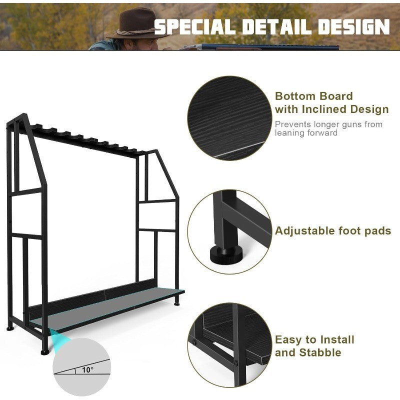 Freestanding Gun Rack for 10 Firearms Adjustable Height Home & Garage Storage
