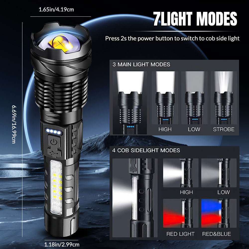 15000000LM Super Bright Rechargeable LED Tactical Flashlight - Waterproof, Multi-Mode, 200-500m Range