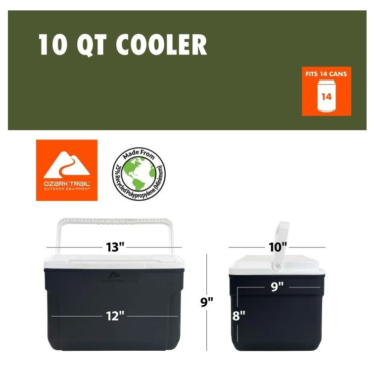 10 Quart Hard Side Cooler - Gray, 14-Can Capacity, Portable Outdoor Ice Chest