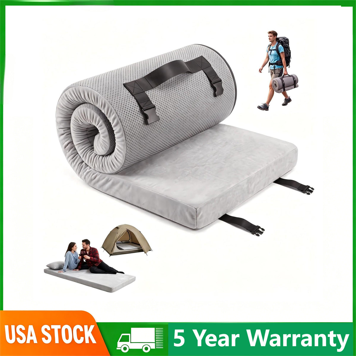 Thick Memory Foam Camping Cot Mattress Pad - Portable Roll-Up Sleeping Pad