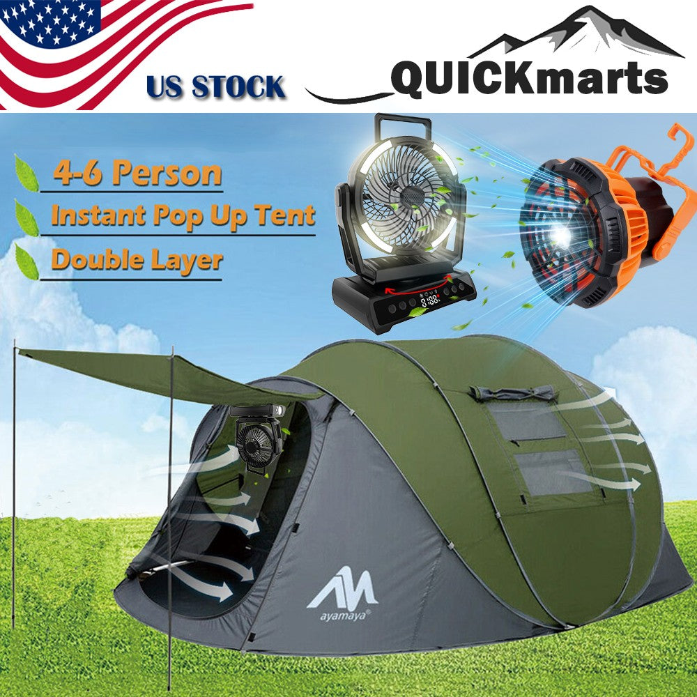 4-6 Person Waterproof Pop-Up Tent with LED Light and Camping Fan