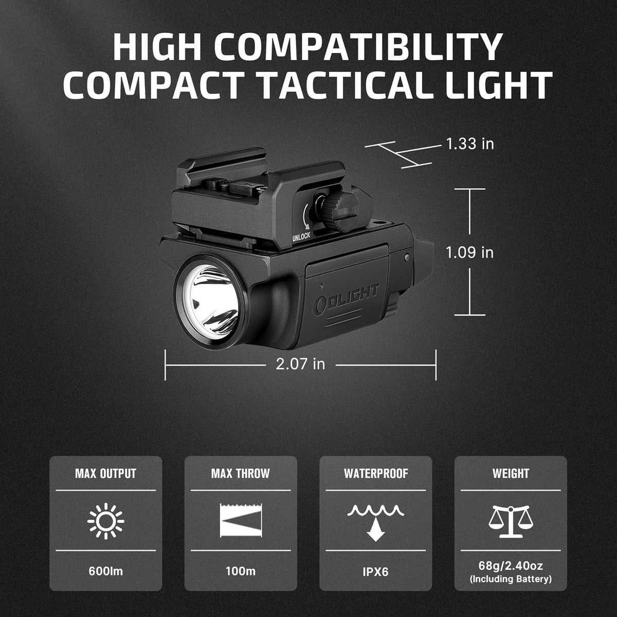 Rail Mounted Tactical Light with 600 Lumens and Rechargeable Batteries