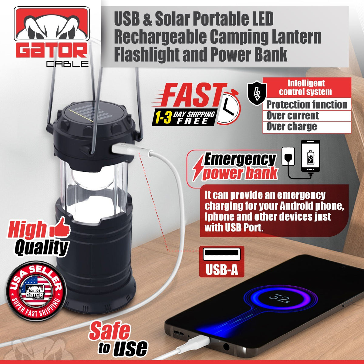 Solar Rechargeable LED Camping Lantern & Power Bank - Portable Emergency Light