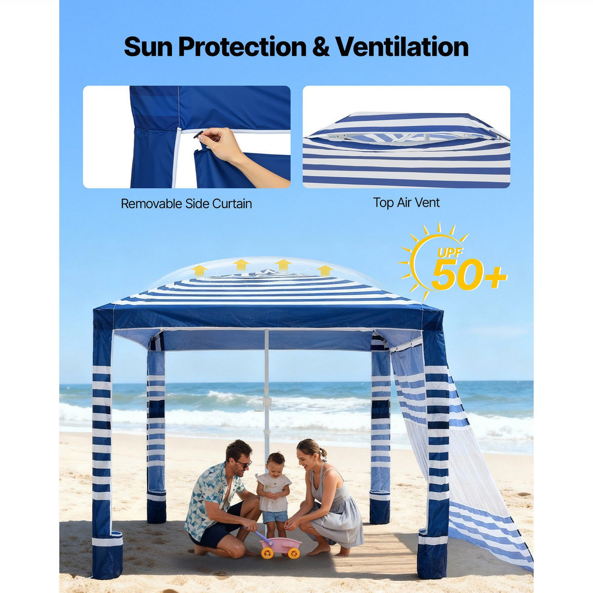 8x8 ft Beach Cabana Canopy with Side Wall - Sun Shade Shelter UPF 50+