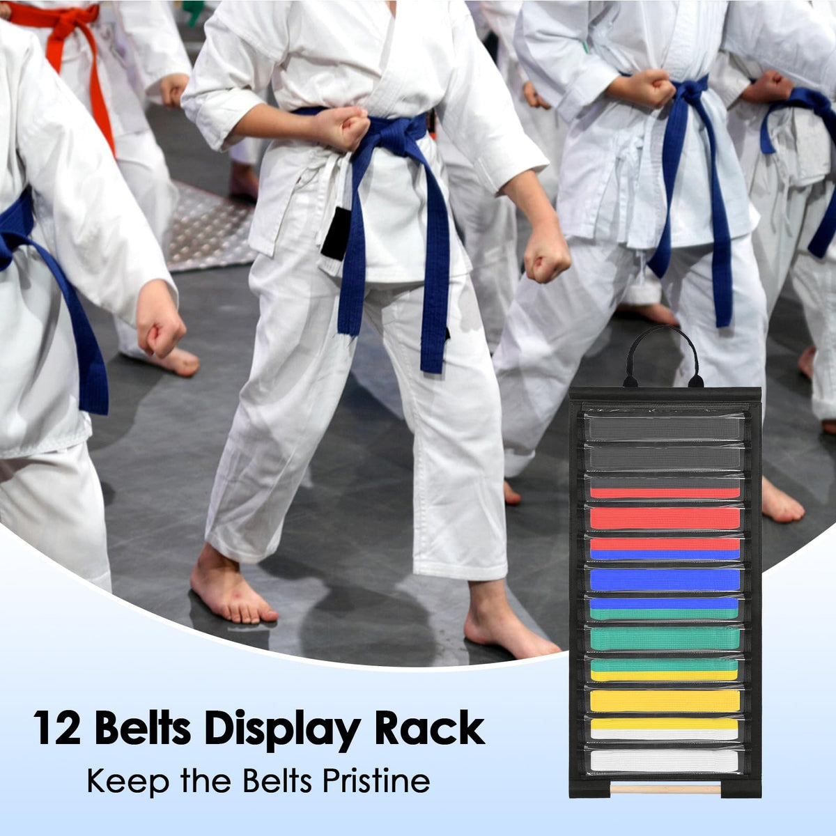Wall-Mounted 12-Belt Display Rack with Dust-Free Slot Shelves, Martial Arts Organizer