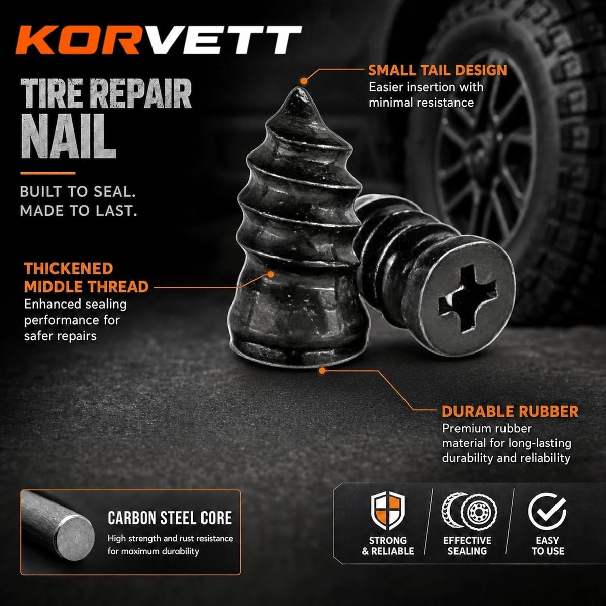 Automotive Tire Repair Kit with 60 Self-Drilling Screw-in Plugs & Screwdriver