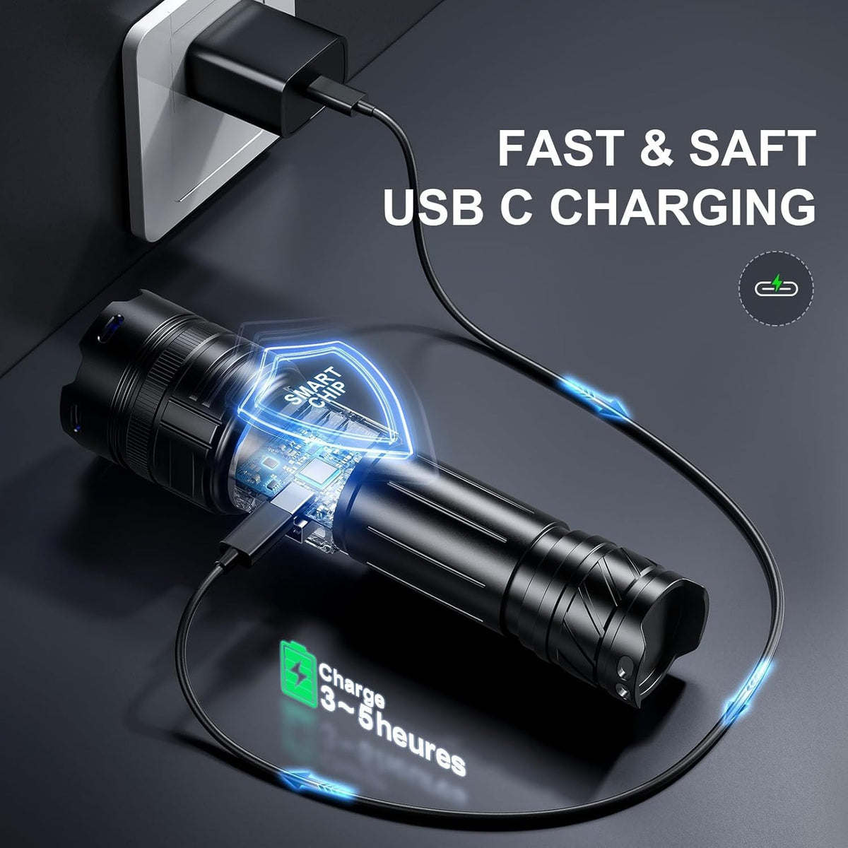 High Lumen Rechargeable LED Flashlight with Long Range Focus USB Power Bank