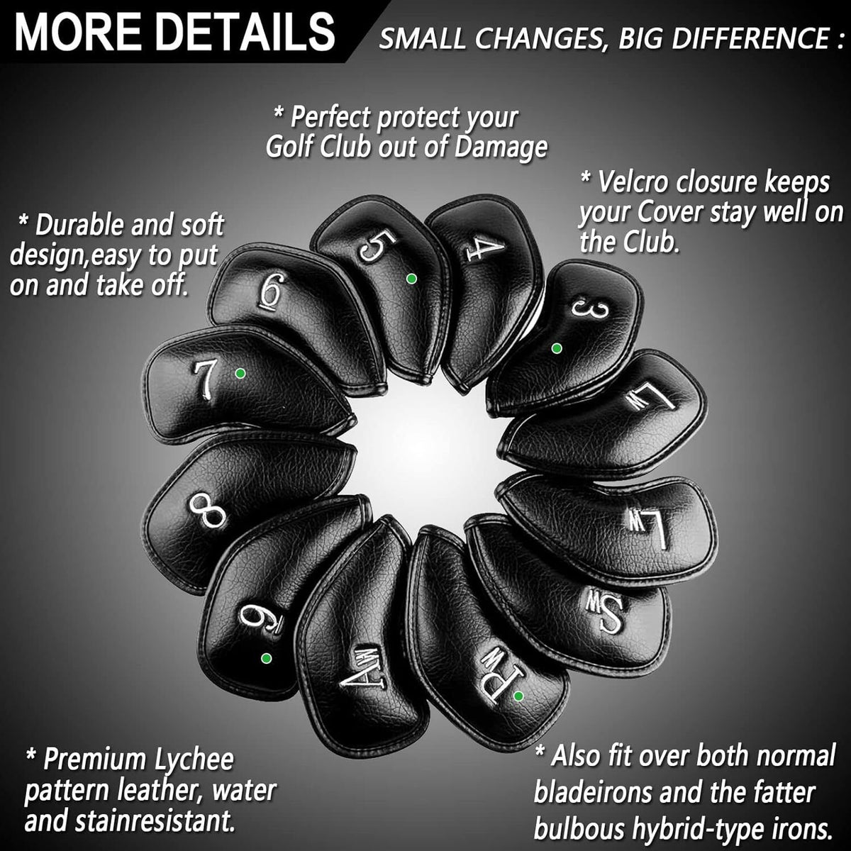 12 Pcs Leather PU Golf Club Head Covers Set - Universal Fit for Irons