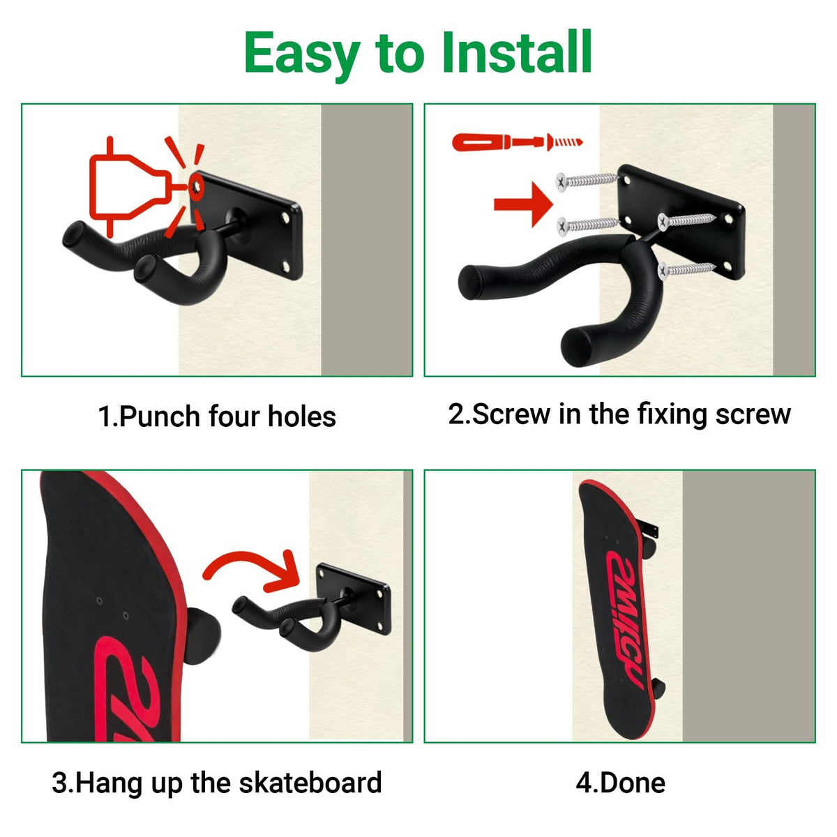 Skateboard Wall Mount Rack Set - Durable Stainless Steel Storage Holders