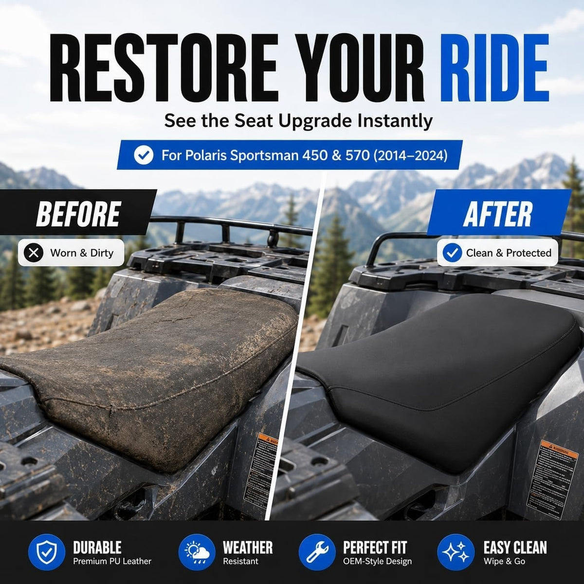 ATV Seat Cover Compatible with Polaris Sportsman 450 570 2014-2024 Waterproof Leather