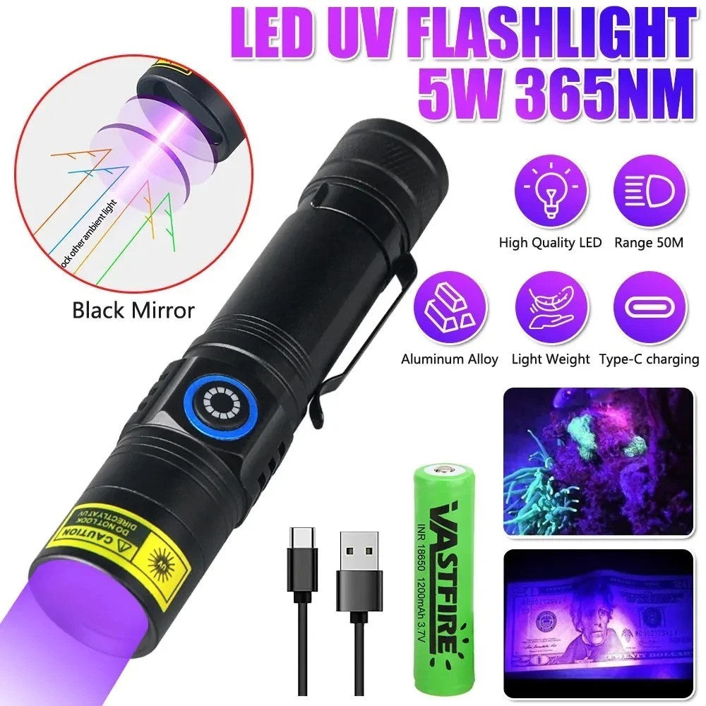 365nm UV Flashlight Blacklight Inspection Torch Rechargeable LED